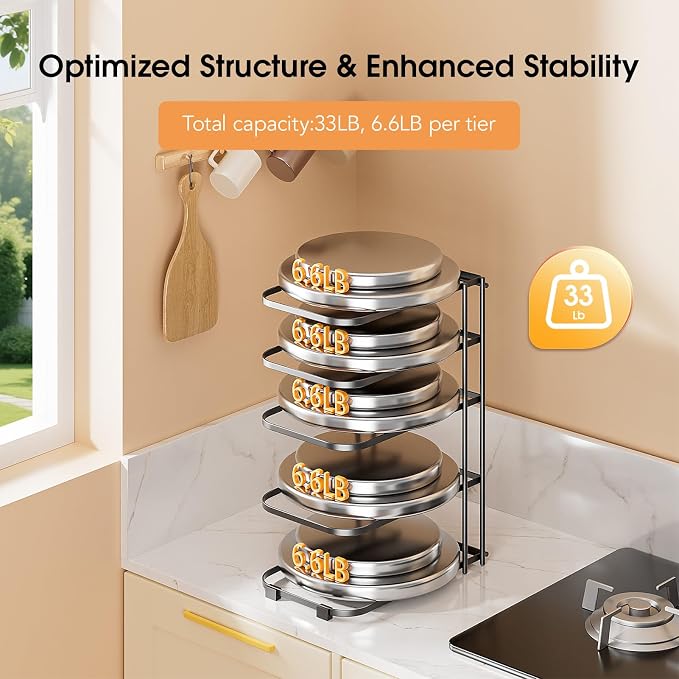 ORDORA 2 Pack Pots and Pans Organizer under Cabinet 13.58" Tall, 5-Tier Pan Organizers inside Cabinet, Space Saving Kitchen Storage Pot Rack for Baking Pan Cast Iron Skillets Cookware - No Assembly