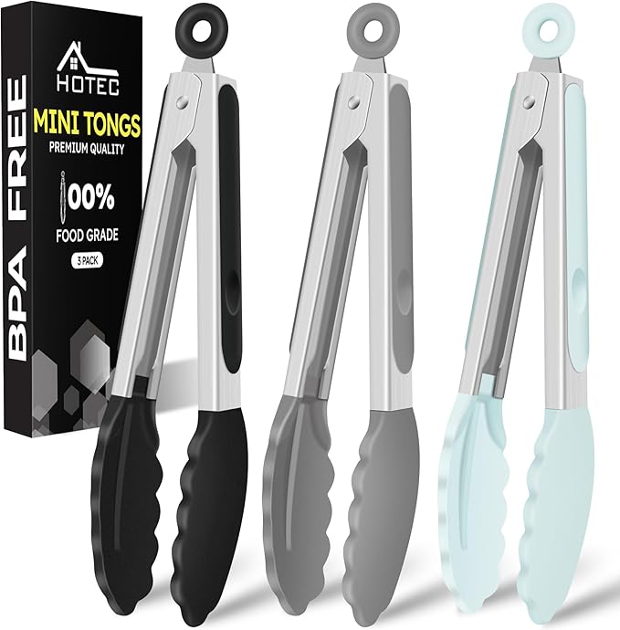 Hotec Mini Silicone Kitchen Tongs for Cooking - 7-Inch Small Serving Tongs with Silicone Tips, Set of 3 (Black,Grey,Light Blue)
