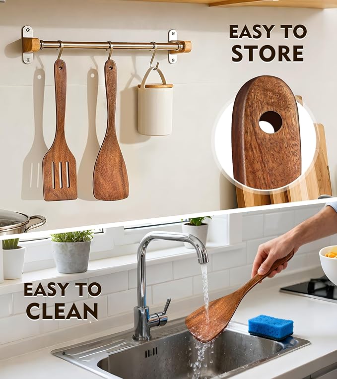 2Pcs Wooden Spatula, Acacia Wooden Spatula for Kitchen Use, Nonstick Cookware Safe Utensils Set including Turner and Slotted Turner, Ideal Cooking Utensils Gift Set for Cooking, Frying, Baking