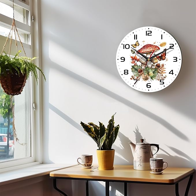 Wall Clock, 10 Inch Silent Non-Ticking Home Kitchen Decor, Battery Operated for Bathroom Bedroom Living Room Office(Mushroom Butterfly)