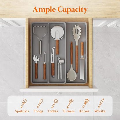 Lifewit Utensil Organizer for Kitchen Drawer, Expandable Cooking Silverware Tray, Adjustable Cutlery Flatware Holder, Plastic Spatula Tools Storage Divider, 14.4 x 15.8", Gray