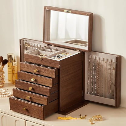 Black Walnut Wooden Jewelry Box, Wood Jewelry Organizer with 2 Side Doors Mirror Lockable Classical Style for Watch Necklace Ring Earring Storage Christmas Gifts-6 Layer