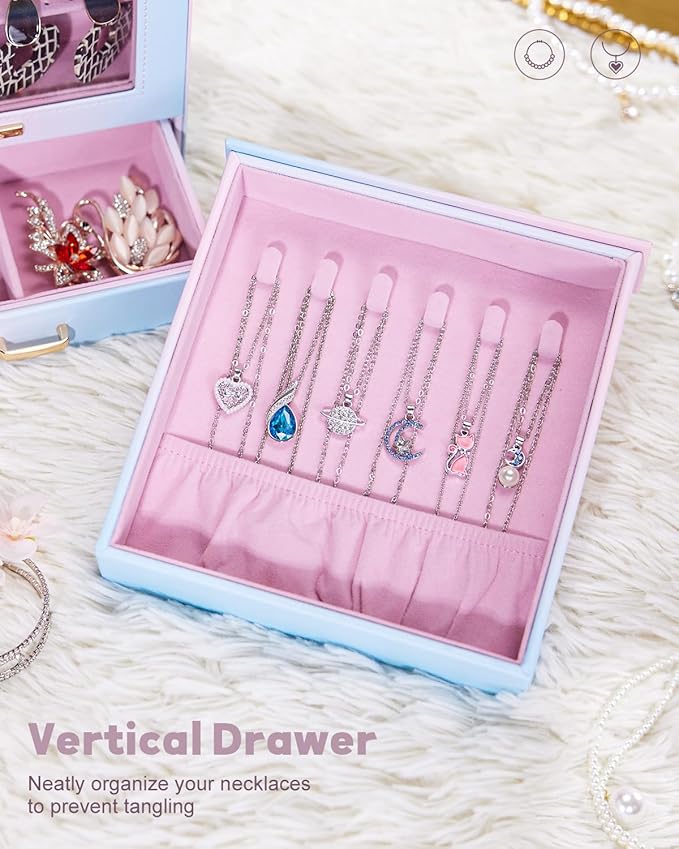 Homde Jewelry Organizer Girls Women Jewelry Box for Necklaces Rings Earrings Gift Bracelets Storage Case (Blue - Pink Gradient + Gold)