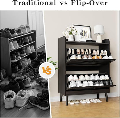 Shoe Storage Cabinet with 2 Flip Drawers & Adjustable Shelves,Freestanding Shoe Cabinet Storage with Side Hooks Narrow Shoe Rack Cabinet for Entryway,Hallway,Rustic Black