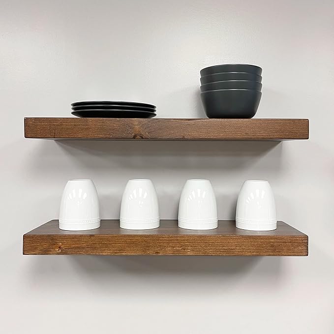 URBANDI, Rustic Floating Shelves, Set of 2, Hidden Bracket, Solid Wood, Heavy Duty, Wall Mounted Shelves, (Provincial, 24Wx12D)