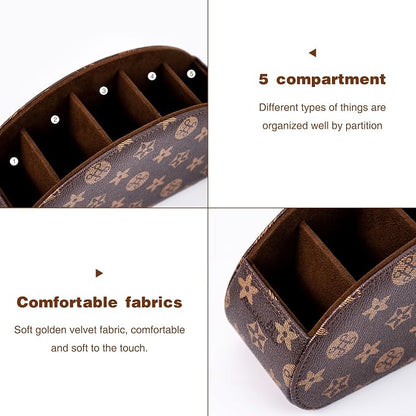 Remote Control Holders Organizer Box with 5 Compartment PU Leather Multi-functional Office Desk Storage Caddy Store Tv Remote for Media Player,Brush,Pencil,Glassees&Office Supplies (Brown+KhakiF)