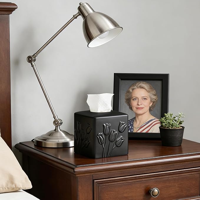 Black Ceramic Tulips Tissue Box Cover - Modern Square Decorative Organizer for Facial Tissues, Farmhouse Style Home Decor for Bathroom, Bedroom, Living Room & Office