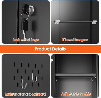 Aobabo Broom Closet Storage Cabinet, Lockable Garage Storage Cabinet for Home Garage, 71.37" H×33.93" W×16.92" D, Assembly Required, Black