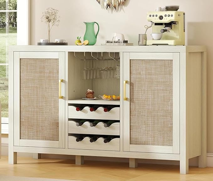 Rattan Wine Bar Cabinet, Boho Rattan Home Bar with Glass Holder and Drawer Style Racks, Oak Sideboard Buffet Storage Cabinet for Living Dining Room Kitchen (White Oak)