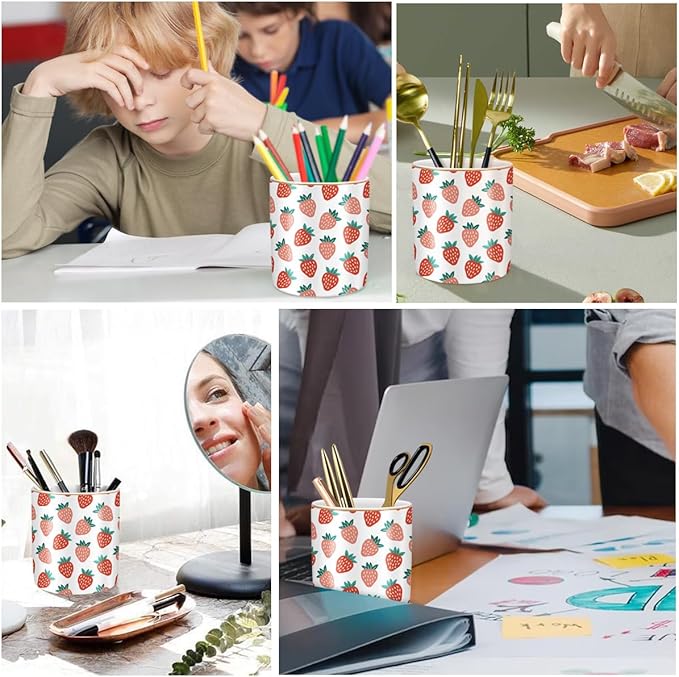 WAVEYU Pencil Holder for Desk, Ceramic Pencil Pens Cup Cute Makeup Brush Holder, Unique Desk Multifunctional Pen Organizer for Home, Office, Strawberries Pattern