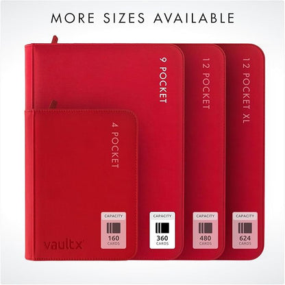 Vault X 9 Pocket Zip Binder, 360 Cards, Exo-Tec Material, 20 Side-Loading Pages (Red)