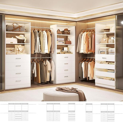 Aheaplus Closet System with 12 Drawers, 8.5-11.5Ft Wood Closet Organizer System with 4 Hanging Rods & 3 Towers, 4Ft & 6Ft L-Shaped Walk-in Closets Wardrobe Organizer Clothes Rack, Set of 3, White1