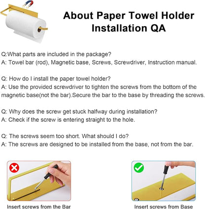 Gold Paper Towel Holder, Magnetic Paper Towel Holder for Fridge, Toilet Paper Roll Holder Magnet Towel Rack Wall Mount Fridge Organizer for Paper Towels Rolls Bathroom Pantry RV Kitchen Storage Golden