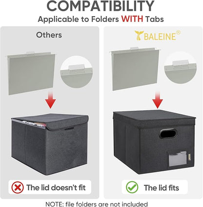 BALEINE File Organizer Box with Lid, Collapsible File Folder Organizer with Plastic Slide, Hanging File Folder Box for Office Document Storage (Tab Friendly, 2 Pack, Black)