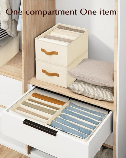 Homsorout Clothes Organizers and Storage - 4/5/7 Grids Fabric Jeans Organizer with Handles, Foldable Closet Organizers Dividers, Wardrobe organizer for Pant, Sweater, T-shirt, Scarf, 3 Pack, Beige