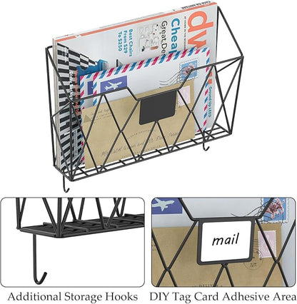 YBING Wall File Organizer Mesh Hanging Wall-mount Files Holder 6 Pack Hanging Wire Magazine Rack and Mail Holder with Hooks Office Wall Organizer for Papers Folders Files Clipboard Black