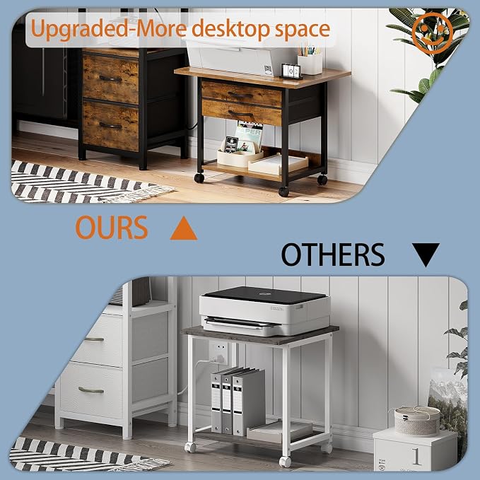 VENNQD Large Printer Stand with Storage Fabric Drawer Under Desk Printer Table with Wheels for Home Office, Printer Cart fit Fax Machine Scanner 23.4"x15.7"(Rustic Brown, 2 Tiers)