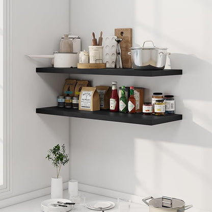 Dreamland 40" Floating Shelves for Wall, 12" Deep Slim Black Floating Shelves, Wall-Mounted Shelves for Bedroom, Living Room, Kitchen, Bathroom - Set of 2
