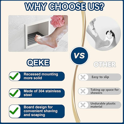 Qeke Shower Foot Rest for Shaving Legs, 304 Stainless Steel Footrest Niche with Shaving Holder, Recessed Shower Niche for Shaving Legs, Matte White