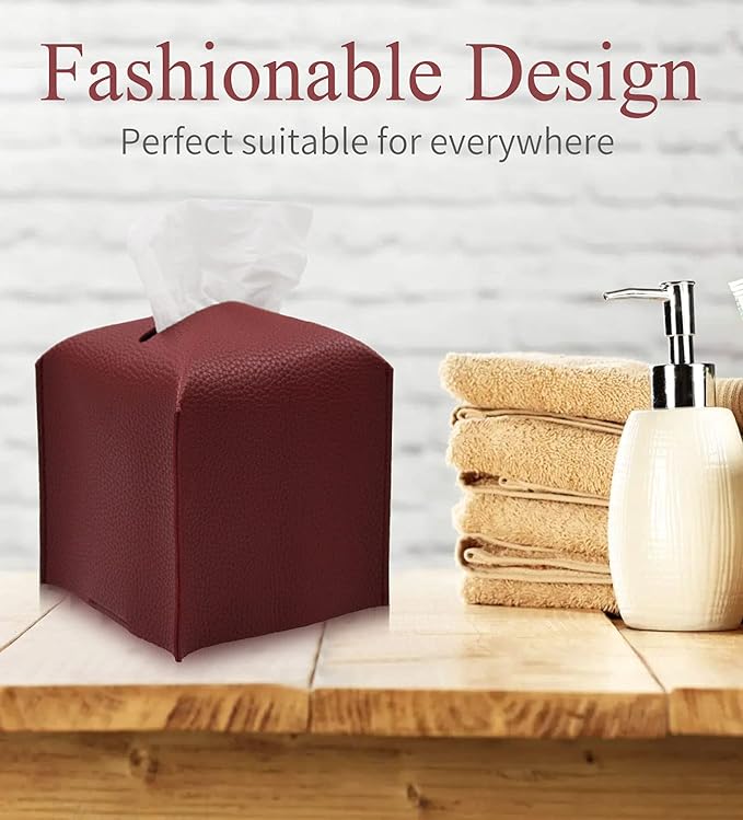 Livelab Tissue Box Cover Holder, Square Modern Decoration PU Leather Facial Tissues Case Roll Paper Dispenser for Bathroom Vanity Countertop, Night Stands, Office Desk Car 5X5X5'' | Wine Red