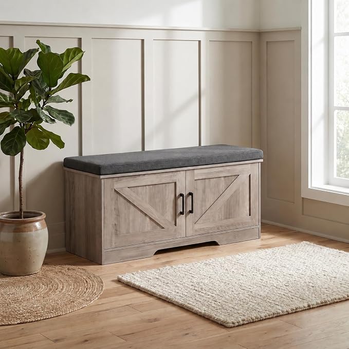 HOMSHO 2-Tier Storage Bench, 39.4" Wide Shoe Bench with Padded Seat Cushion, Entryway Bench with 2 Barn Doors and Adjustable Shelf, Greige