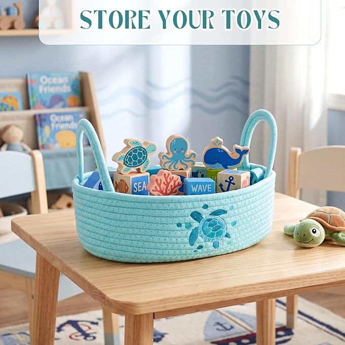 Vesici Sea Turtle Toilet Paper Basket Boho Woven Cotton Rope Bathroom Countertop Organizer with Handle Blue Summer Beach Sea Turtle Bathroom Storage Decor for Bedroom Nursery, 13 x 6 x 4 Inch