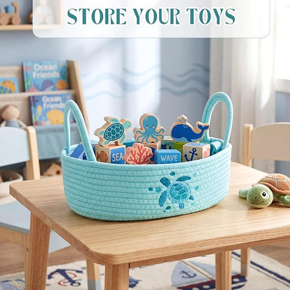 Vesici Sea Turtle Toilet Paper Basket Boho Woven Cotton Rope Bathroom Countertop Organizer with Handle Blue Summer Beach Sea Turtle Bathroom Storage Decor for Bedroom Nursery, 13 x 6 x 4 Inch
