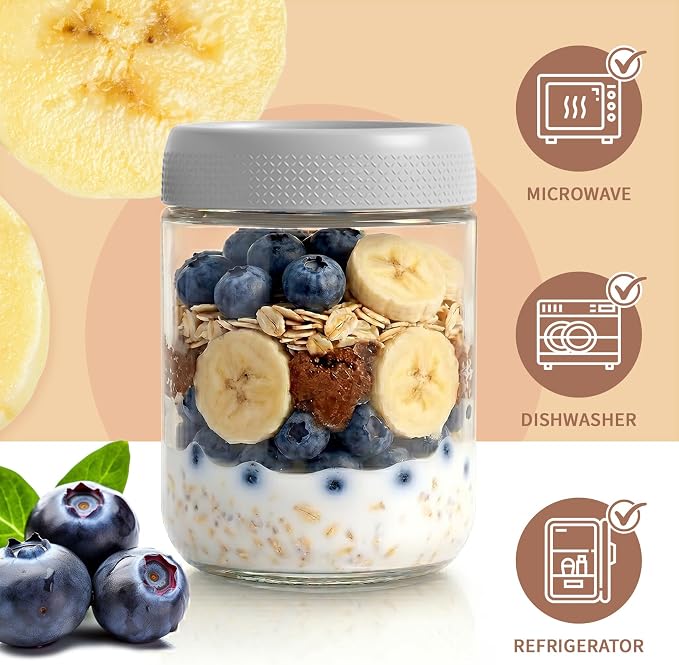 6 Pack Mason jars, 16 oz Overnight oats Containers with Lids, Parfait Cups with Lids for Yogurt, Oatmeal, Glass Jar with Lid for Storage, Food, Pudding, Sugar, Salad, Snack, Kitchen, Jam(Gray)