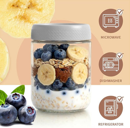 6 Pack Mason jars, 16 oz Overnight oats Containers with Lids, Parfait Cups with Lids for Yogurt, Oatmeal, Glass Jar with Lid for Storage, Food, Pudding, Sugar, Salad, Snack, Kitchen, Jam(Gray)