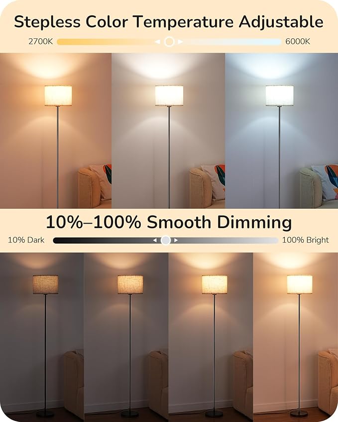 EDISHINE Dual Shades Floor Lamp with Foot Switch, Dimmable Floor Standing Lamp with 9W LED A19 Light Bulb, Remote Custom Color Temperature Pole for Living Room, Bedroom, Office, E26, Black