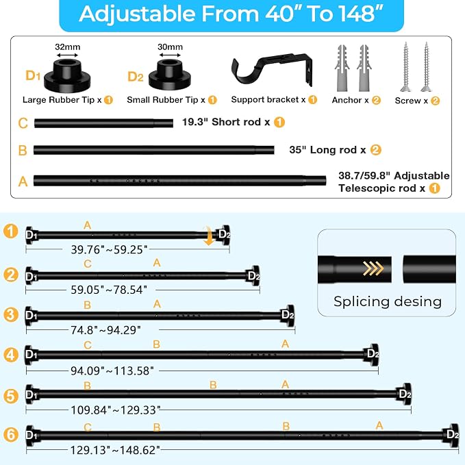 MEXAU Black Tension Curtain Rod 40-148 Inch Long Tension Rod 1.26" Spring Tension Curtain Rod Adjustable Curtain Rods No Drilling Tension Shower Rod Curtain Tension Rod for Bathroom Windows Doorways