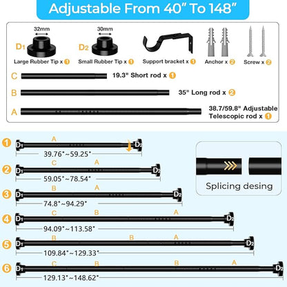 MEXAU Black Tension Curtain Rod 40-148 Inch Long Tension Rod 1.26" Spring Tension Curtain Rod Adjustable Curtain Rods No Drilling Tension Shower Rod Curtain Tension Rod for Bathroom Windows Doorways