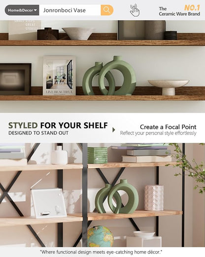 Set of 2 Sage Green Ceramic Vases for Home Decor Accents - Unique Hollow Donut Artistic Design Modern Boho Farmhouse Style Decorative Vases for Shelf, Mantel, Entryway Table Decor (Matte Green)