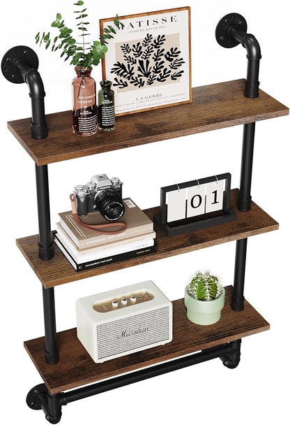 Merapi 24" Industrial Floating Shelves with Tower Bar, Pipe Shelves for Wall, 3 Tier Rustic Wood Wall Shelves for Home Décor, Bedroom, Living Room, Bathroom