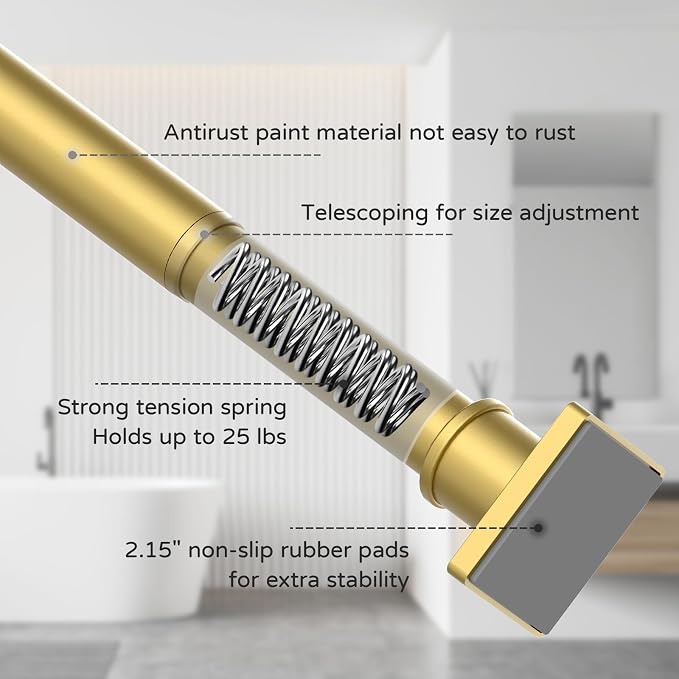 UIOSANRT Gold Shower Curtain Rod 35-66 Inches Non-Slip Shower Rod Tension Mounted No Drill , Adjustable Tension Curtain Rod for Windows Bathroom