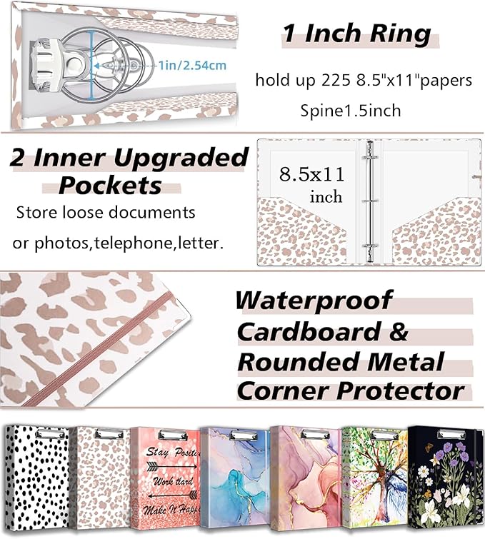 3 Ring Binder 1 Inch for 8.5"x11" Paper, Three Ring Binders with Clipboard, 5 Dividers with Tabs and Pockets, Transparent Folder, 18 Divider Stikers, BVSSX Decorative Binder with Pen Holder,Leopard