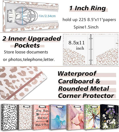 3 Ring Binder 1 Inch for 8.5"x11" Paper, Three Ring Binders with Clipboard, 5 Dividers with Tabs and Pockets, Transparent Folder, 18 Divider Stikers, BVSSX Decorative Binder with Pen Holder,Leopard