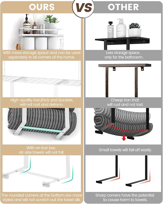 Towel Racks for Bathroom Wall Mounted - Bath Wall Towel Holder Set Above Toilet Storage, Rolled Towel Shelf Organizer for Small Bathroom All White, Wood Vertical Towel Rack for Bathroom Wall Decor