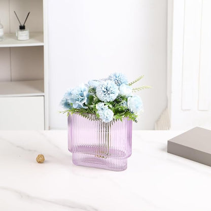 Ribbed Vase, Purple Glass Vase for Flowers, Purple Flower Vases for Tulips, Modern Vases for Living Room, Dining Table, Office, Bedroom, Mantle, Shelf, Wedding, 7 Inch