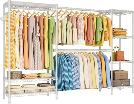 Golpart Heavy Duty Garment Rack Clothes Rack,Large Metal Closet Organizer System Storage Wardrobe,Freestanding Clothing Rack with 9 Adjustable Wire Shelves&3 Hang Rods,MaxLoad 1500lbs White