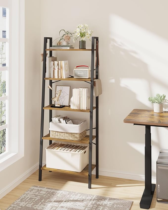 Ladder Shelf, Bookshelf Bookcase, Freestanding Corner Storage Shelve with 2 Hooks for Home Office, Living Room, Kitchen, Bedroom, Industrial, 11.8" D x 23.6" W x 63" H, Rustic Brown BC19301B