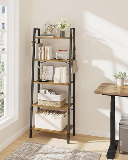 Ladder Shelf, Bookshelf Bookcase, Freestanding Corner Storage Shelve with 2 Hooks for Home Office, Living Room, Kitchen, Bedroom, Industrial, 11.8" D x 23.6" W x 63" H, Rustic Brown BC19301B