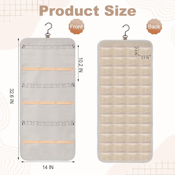 Dynoro Double-Sided Hanging Jewelry Organizer, Large Lvory Storage Roll for Earrings, Necklaces, Rings, 48 Pockets 21 Hooks, Durable Oxford Fabric for Closet, Wall, Door, 1 piece, Jewelry Not Included