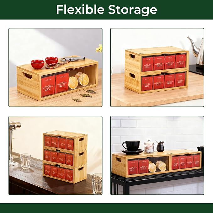 Stackable Bamboo Tea Box Organizer (Set of 2) - Large Capacity Tea Bag Storage Holder for Pantry & Cabinet - Multipurpose Tea Chest - Sustainable Kitchen Drawer & Office Breakroom Decor