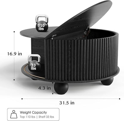 SULIVES Round Coffee Table with Storage, Unique Circle Coffee Table with Sliding Door,Fluted Accent Center Table with Bun Feet for Living Room, Black