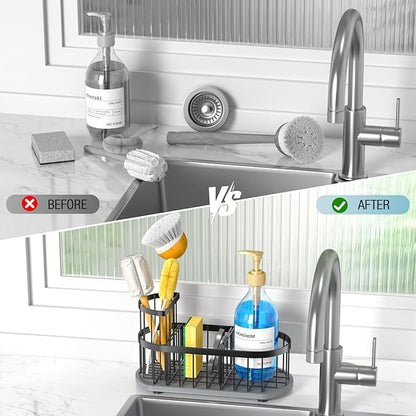 HOKEMOM Black Sponge Holder for Kitchen Sink,Sink caddy organizer - 2.6mm Thick 304 Stainless Steel Caddy with Rust-Proof Coating, Non-Slip No-Drain Base. Dimensions: 9.84" x 4.72" x 5.83"
