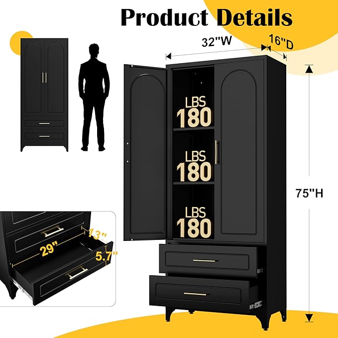 Metal Kitchen Pantry Storage Cabinet with 2 Drawers，75Inch Black Food Pantry Cabinets for Kitchen with 2 Adjustable Shelves，Tall Storage Cupboard for Living Room, Dining Room Office