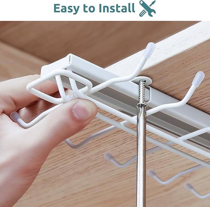 LiaMeE Sliding Mug Hooks Under Cabinet - Pull Out Coffee Cup Holder Rack with 12 Hooks, Metal Under Shelf Mug Organizer for Kitchen, Space Saving Hanging Storage (White，2PCS)