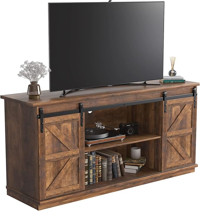 JUMMICO TV Stand for 65 Inch TV, Entertainment Center with Storage Cabinets and Sliding Barn Doors, Mid Century Modern Media TV Console Table for Living Room Bedroom (Rustic Oak)