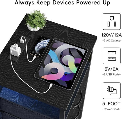 Fixwal Night Stand with 3 Fabric Storage Drawers, LED Nightstand with Charging Station, Bedside Table, Black